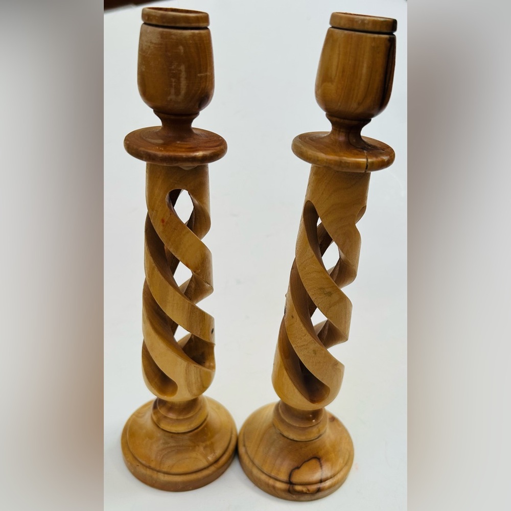 Olive Wood Candle Holder Set Spiral Carved Bethlehem Israel West Bank Holy Land
